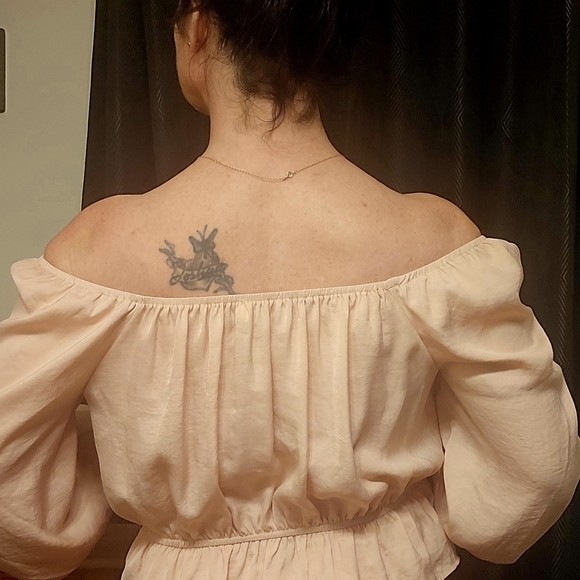 She + Sky Blush Pink Cropped Off Shoulder Long Sleeve Blouse - Picture 10 of 16